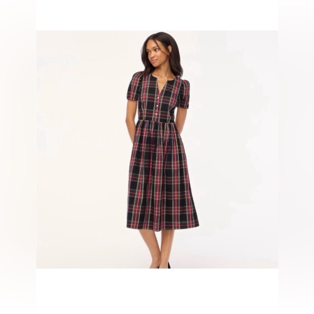 ♥️J.Crew Women's Size 4 Stewart Tartan Puff Sleeve
Midi Dress Jeweled Buttons